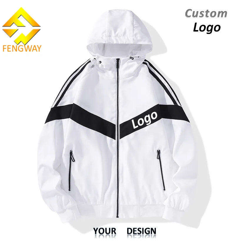 Fengway Custom Men's Hooded Jacket Fashion Striped Bomber Zipper Closure Windproof Outdoor Style for Spring Casual Plain Design