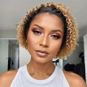 Brown 613 Blonde 99j Ombre Color Short Curly Pixie Cut Lace Front Wigs Human Hair Pre Plucked Bob Wigs for Black Women