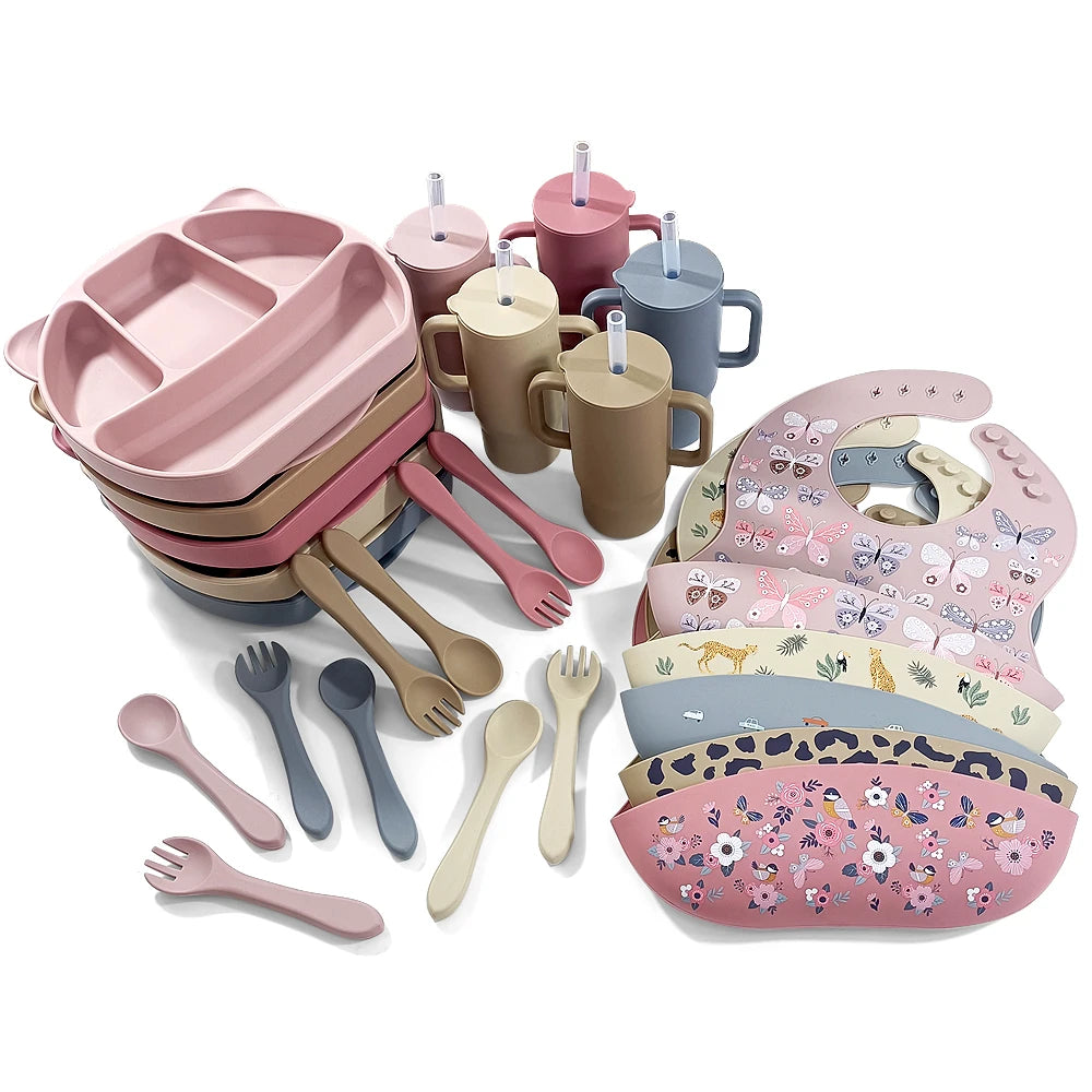 New Arrival Baby Weaning Set Baby Plate Bib Children's Tableware Feeding Baby Plates Sets Kid Silicone Bib Bowl Plate