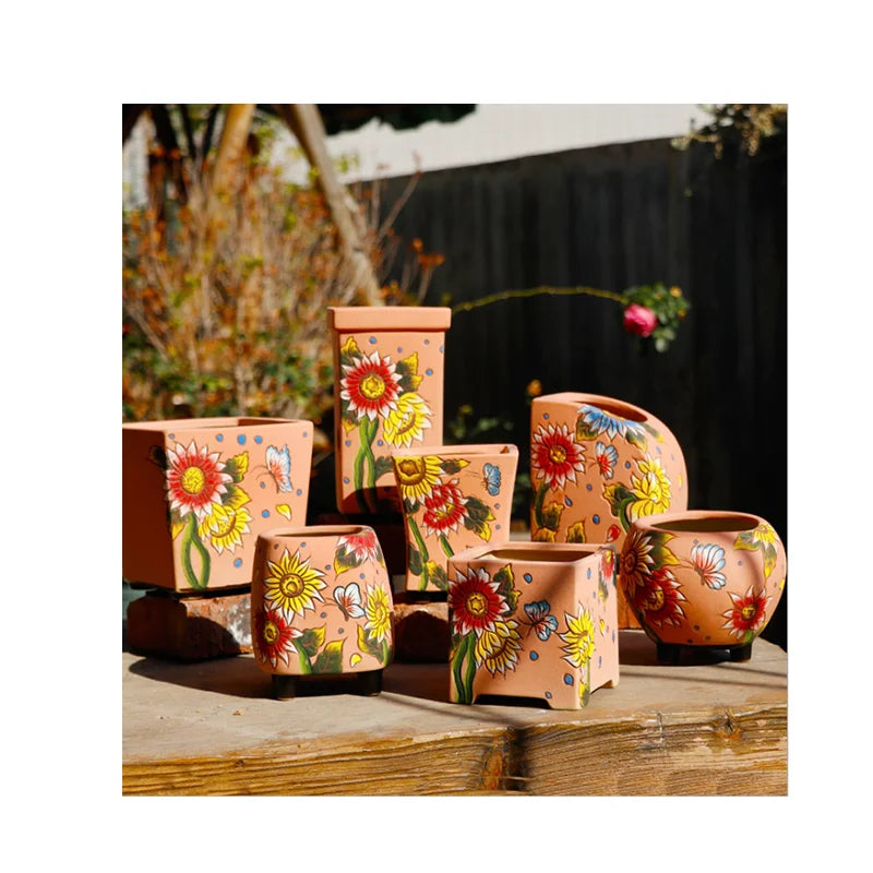 Tabletop Indoor Painted Artistic Flower Pots and Planters With Bloom Pattern Garden Ceramic Flower Pots