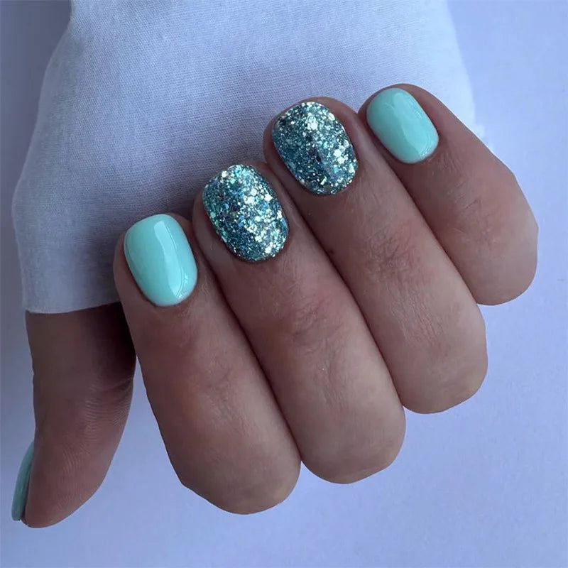 24pcs/set Wholesale Fake Nail Blue Powder square Artificial Fingernails Full Cover Short Tips Press on Nails