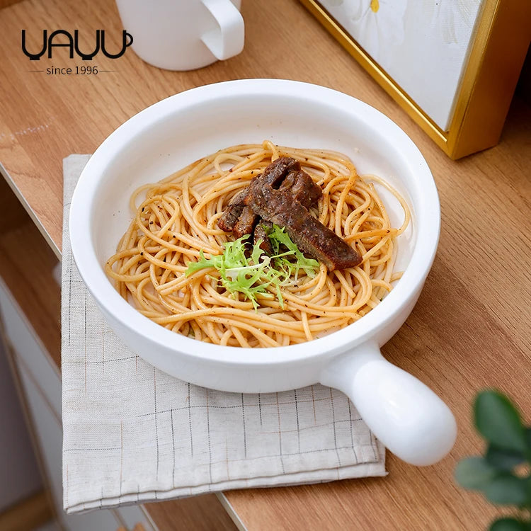 White Classic Durable Ceramic Bowl with Handle Dishwasher Safe Noodle Salad Fruit Porcelain Bowl Set of 2 Dinnerware Set