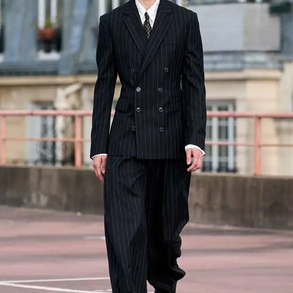 Fashion Black Stripe Men's Tuxedo Suits 2 Piece Set Regular Fit Notch Lapel Double Breasted 8 Buttons Mens Jacket+Pants