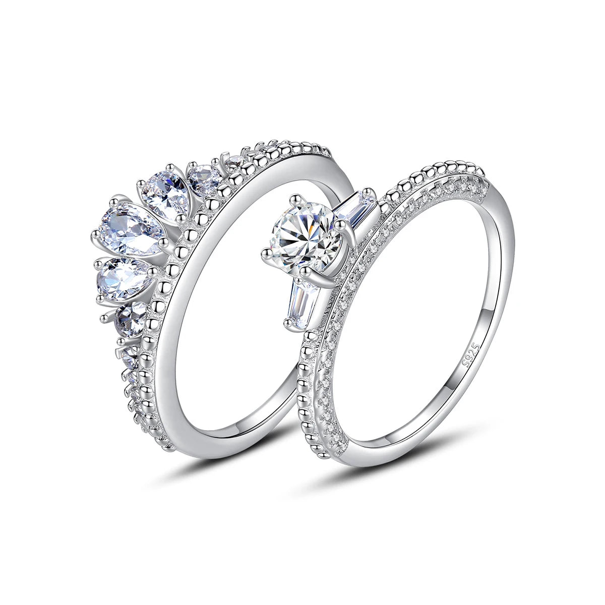 S925 Sterling Silver Crown Ring Set CZ Stackable Rings Elegant Light Luxury Wedding Couple Bands Women No Fade Jewelry