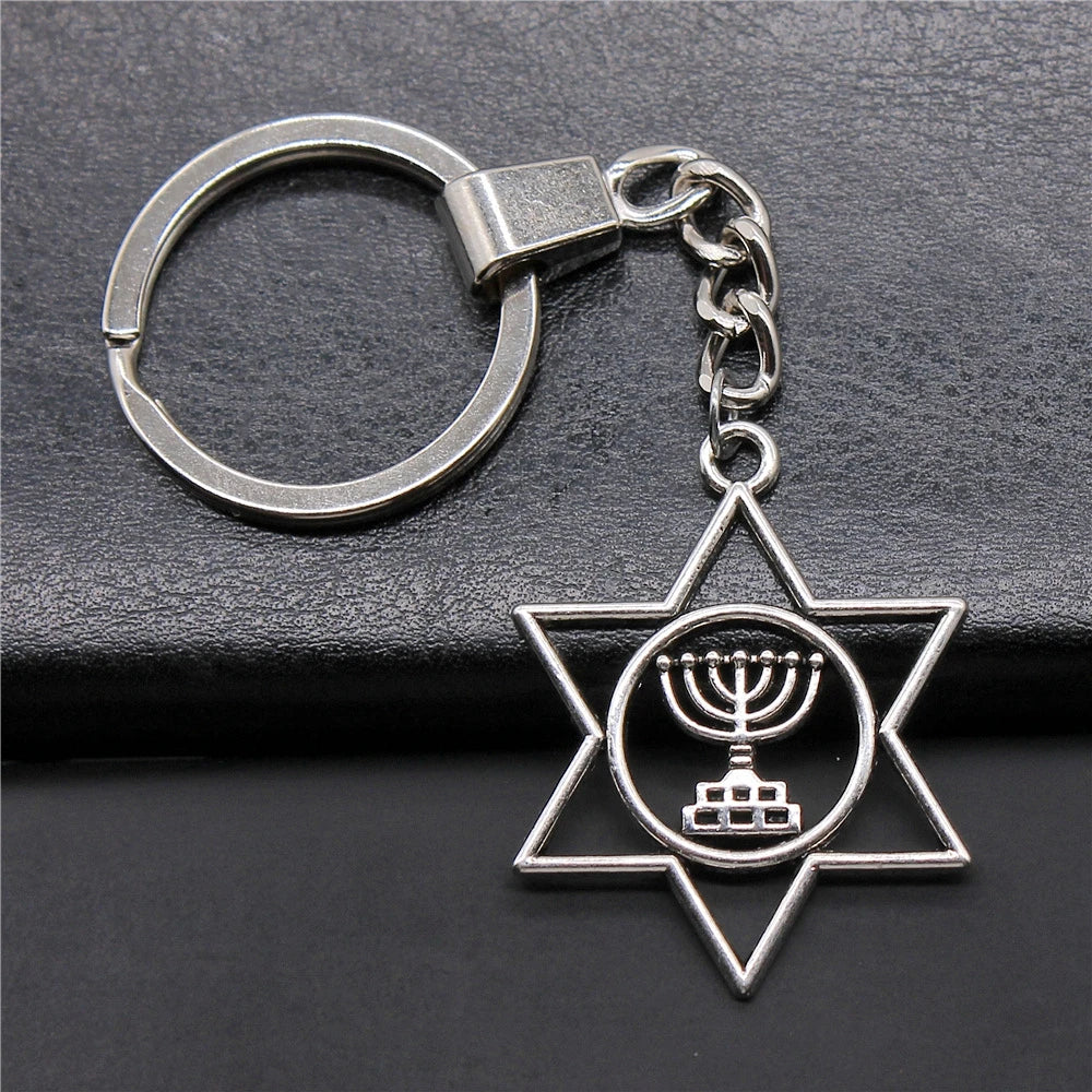 WYSIWYG 39x32mm Antique Silver Plated Zinc Alloy Judaism Menorah Star of David Key Chain Souvenirs Gift P2-ABD-C11936