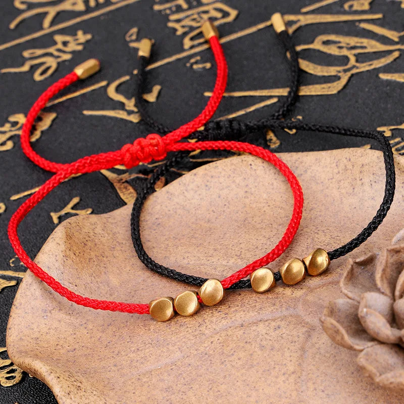 Handmade Irregular Copper Beads Adjustable Red Black Silk Cord Rope Tibetan Buddhist Bracelet Jewelry for Woman