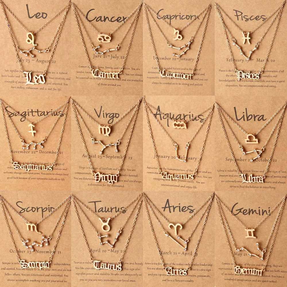 3Pcs/Set Wish Card Jewelry Dainty Aries Gemini Leo Scorpio Virgo 12 Zodiac Sign Choker Layered Necklaces for Women