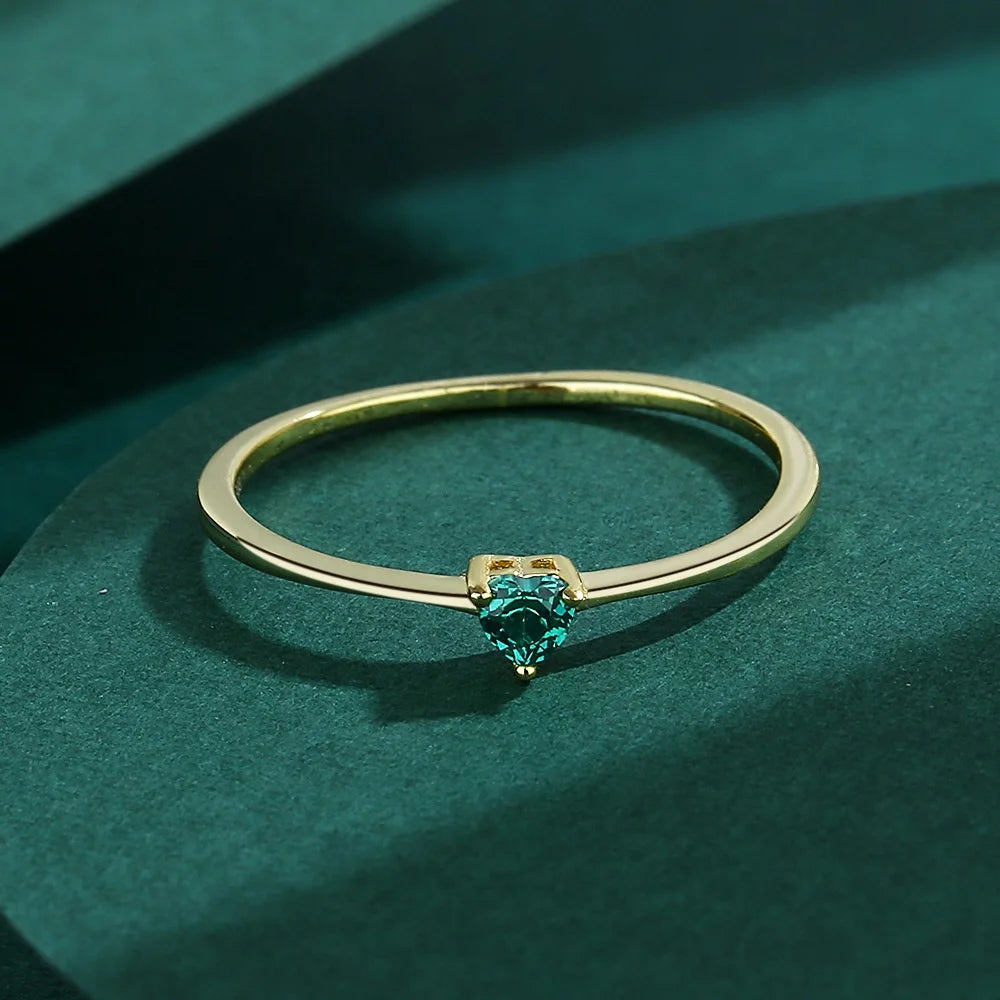 Fashion Women's Jewelry Heart Shaped Green Cubic Zirconia S925 Sterling Silver 14K Gold Plated Finger Rings for Valentines Gift