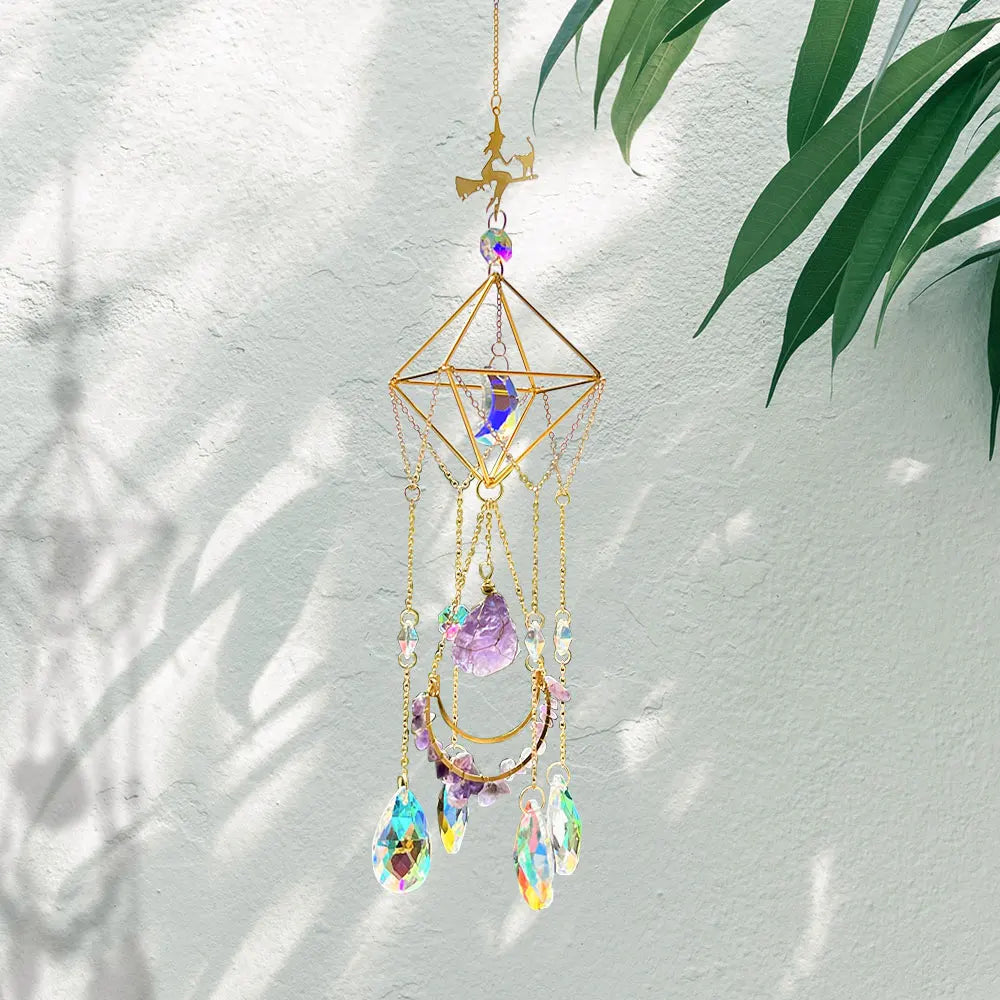 Amethyst Moon Sun Catcher Crystal Hanging Ornament Handmade Witch Charm Suncatcher Crystal Prism Pendant Rainbow Maker 54cm
