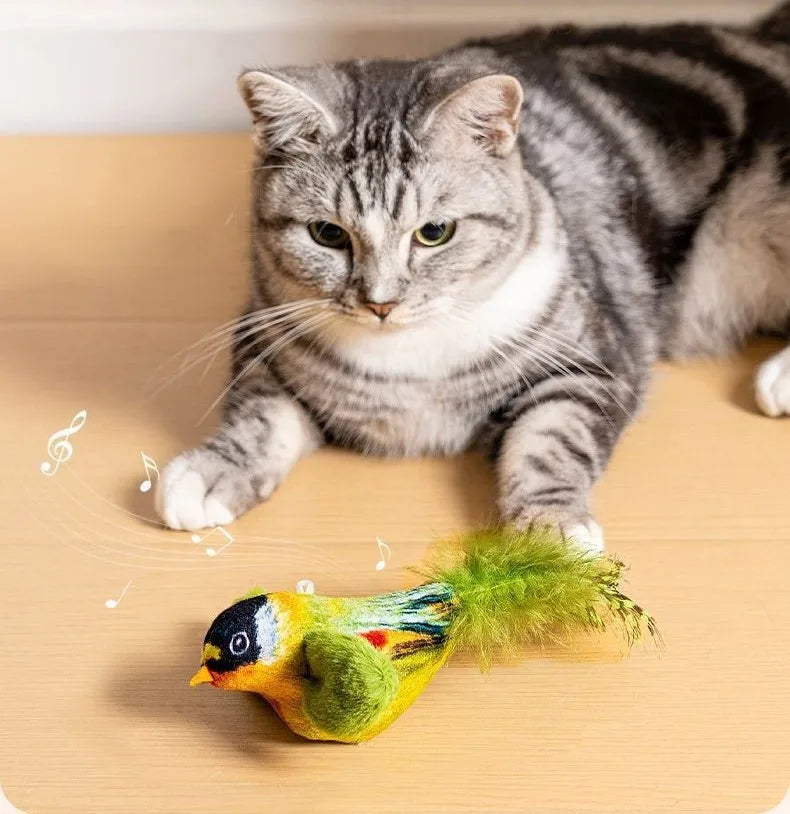 Fashion Bird Interactive Cat Toy Set Chirping Motion-Activated Flappy Bird with Catnip Soft Plush Feather Made of Durable Nylon