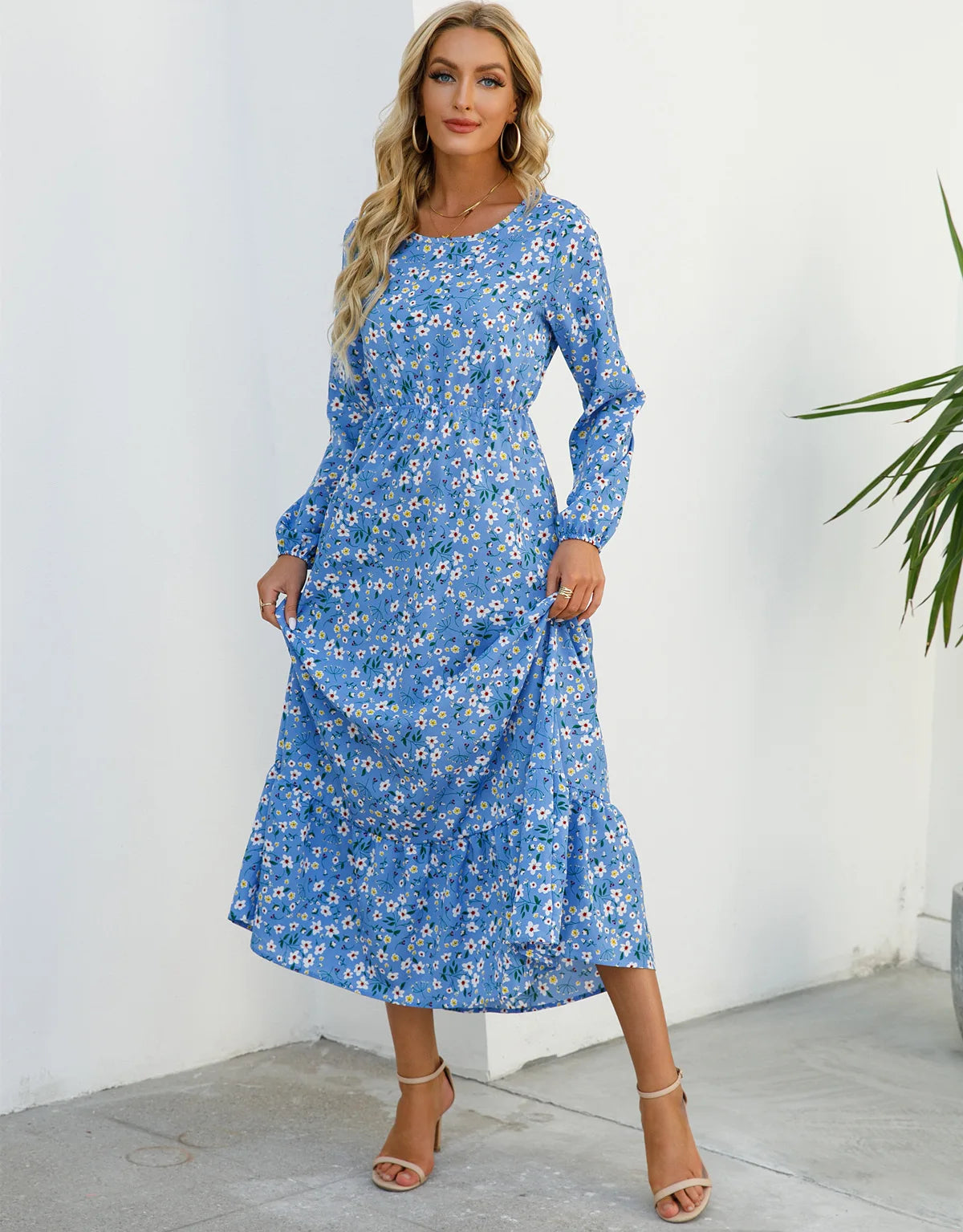Modest Spring Autumn Floral Chiffon Waist-Controlled Slimming Long Sleeve Eid Ramadan Islam Muslim Women's Dress