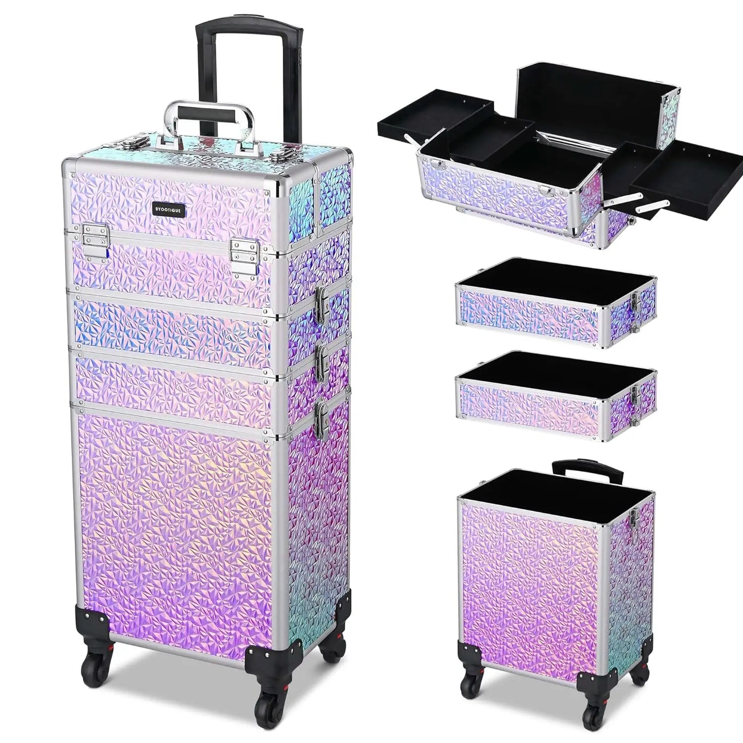 4in1 Fashionable Rolling Makeup Train Case Open-Closure Cosmetic Trolley Organizer with Lockable Salon Barber Travel Case