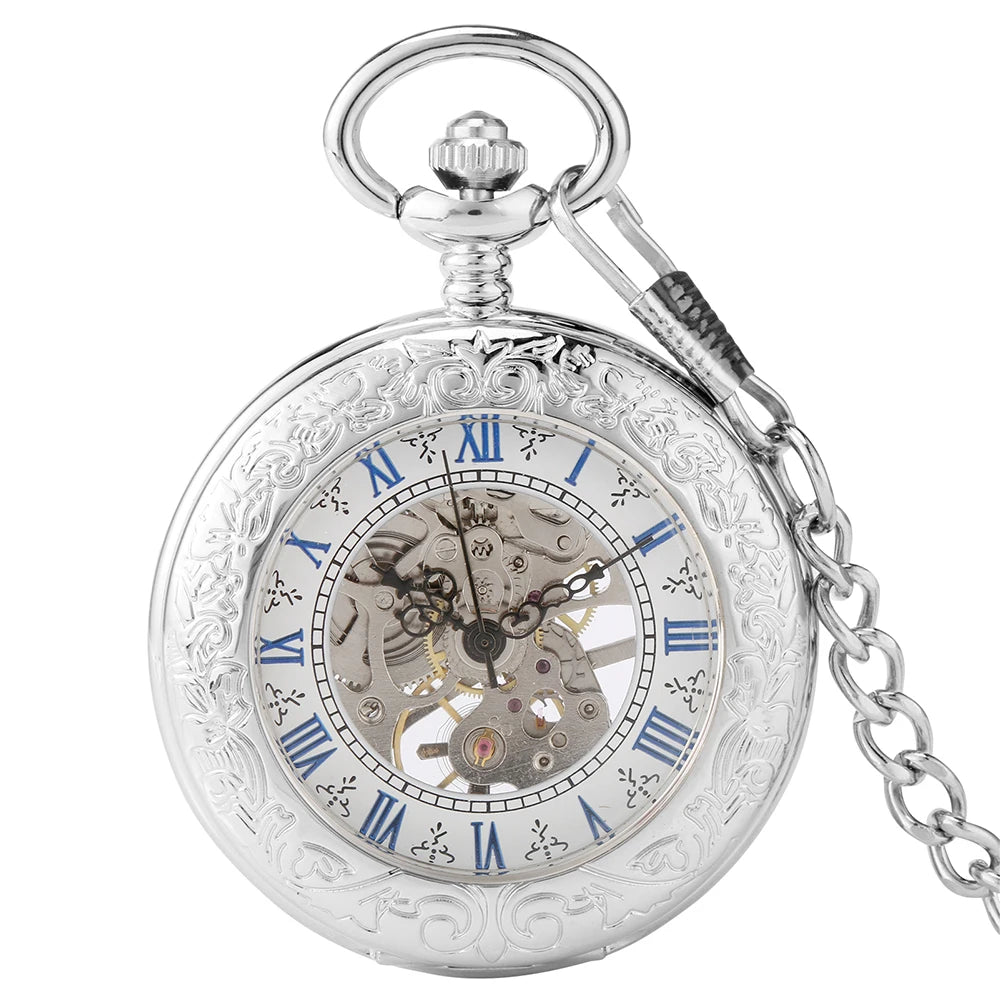 Silver Skeleton Mechanical Men Pocket Watch With Chain Manual Wind Transparent Cover Steampunk Antique Gift for Men