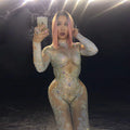 Sparkly Long Sleeve Stretch Print Crystal Rompers Pole Dance Leotard Stage Performance Wear Women Night Club One Piece Jumpsuits
