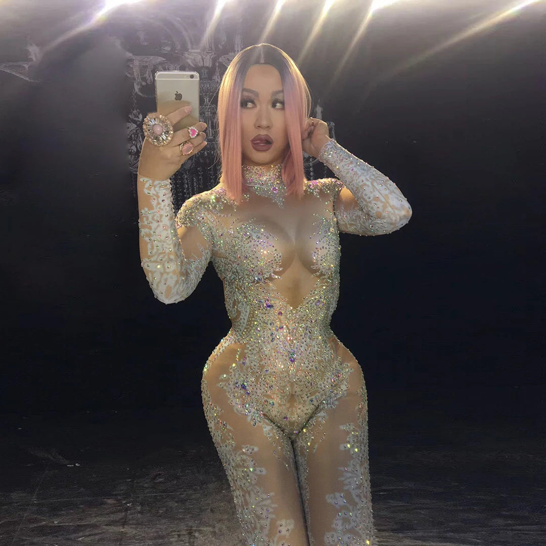 Sparkly Long Sleeve Stretch Print Crystal Rompers Pole Dance Leotard Stage Performance Wear Women Night Club One Piece Jumpsuits