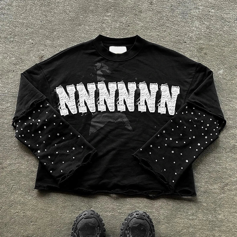 OEM Streetwear Custom Embroider logo Boxy Shirt Acid Wash Distress Rhinestone Double Layer Long Sleeve T-shirt for Men