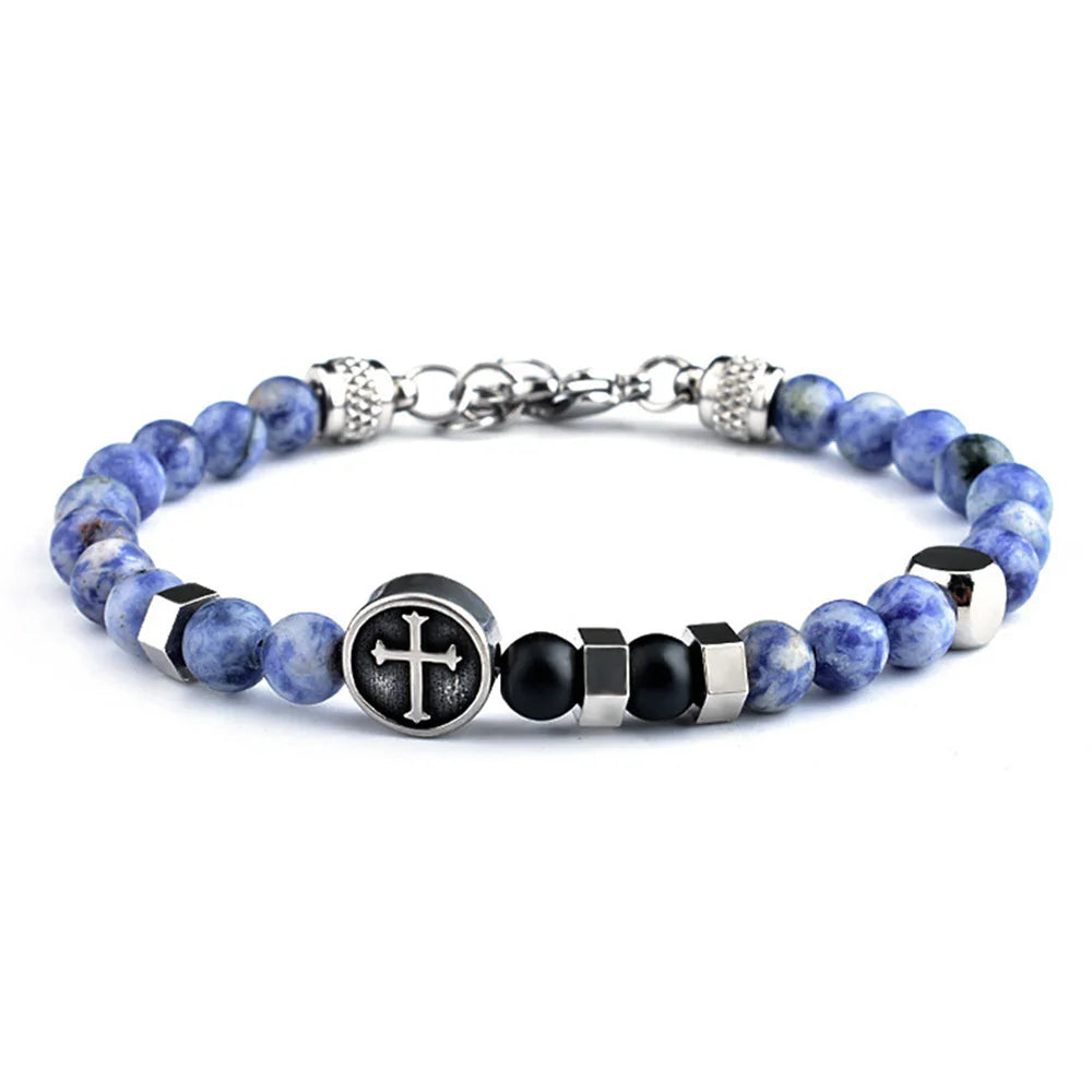 Wholesale 6mm Natural Stone Stainless Steel  Chain Charm Cross Bracelet for Men Gifts