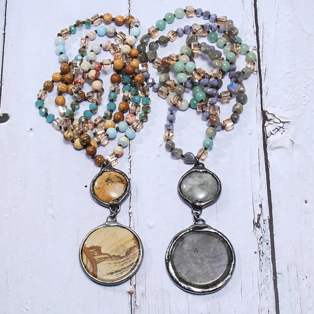 Summer Fashion Women Jewelry 6mm Natural Gemstone Glass Knot Amazonite Necklace Round Stone Pic Jasper Solider Pendant Necklace