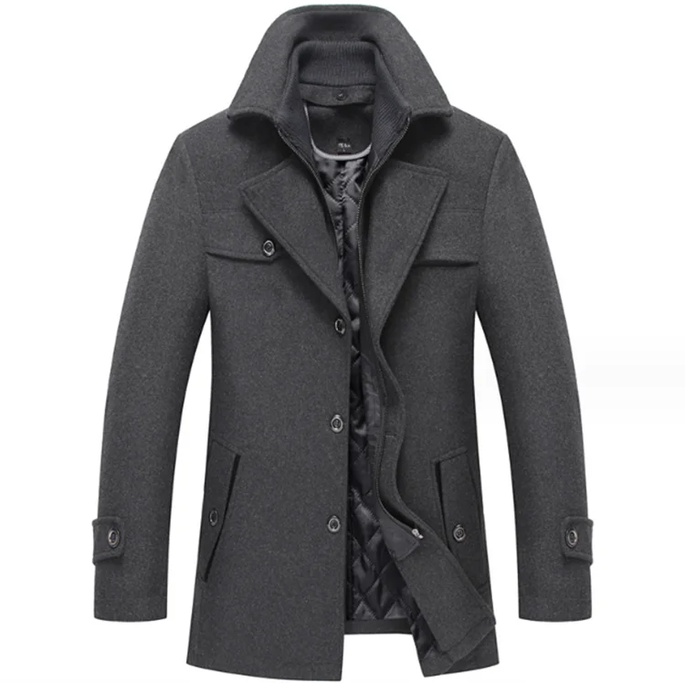 Men's Wool Coat Double Collar Woolen Middle Age and Cotton Thickened Solid Color Fine Wool-like Coat