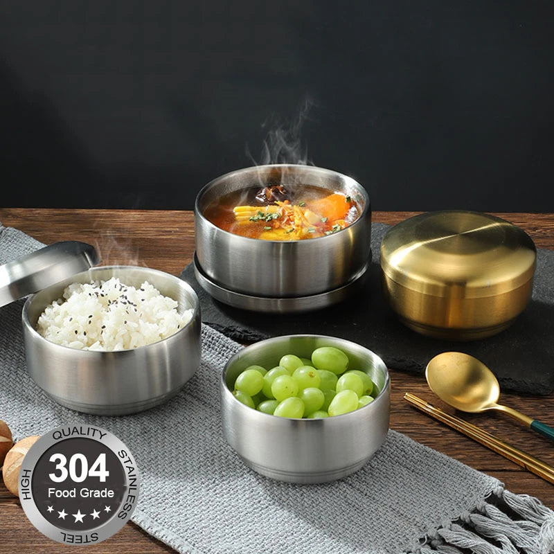 Wholesale Korean Golden 304 Stainless Steel Bowls with Lid Rice Soup Bowl Anti-fall Korean Cuisine Salad Bowl