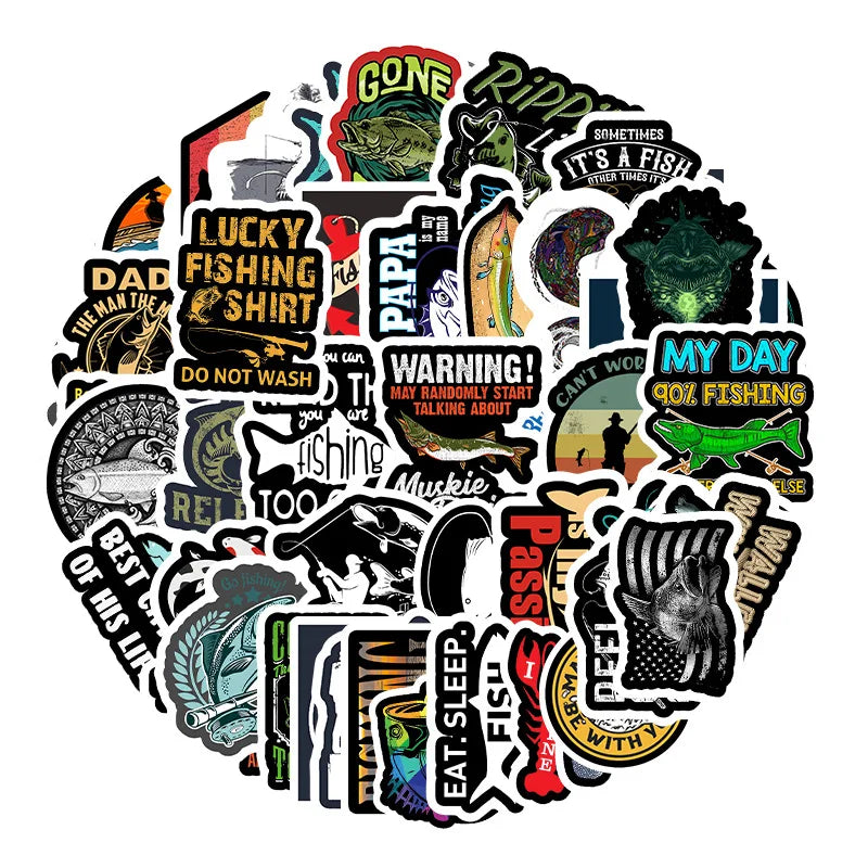 51PCS NO Repeat Go Fishing Waterproof Vinyl Stickers for Fishing Bumper Skateboard Motorcycle Phone Bicycle Luggage