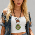 Layered Long Leather Wax Chains with Circular Pendant Necklace for Women Vintage Accessories on Neck 2025 Fashion Female Jewelry