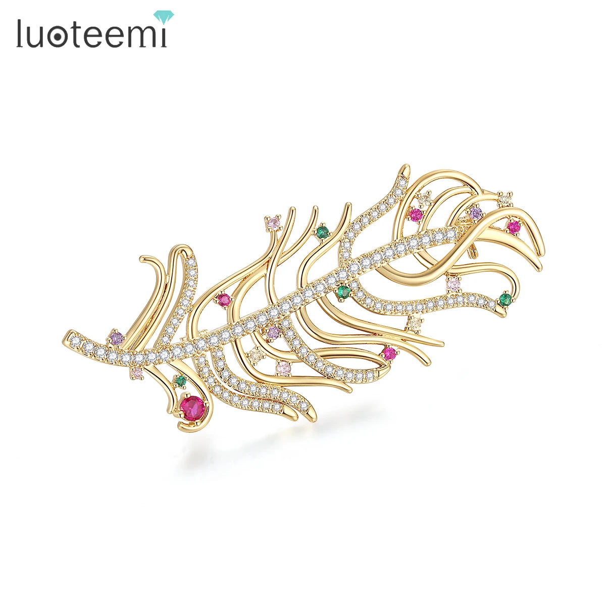 LUOTEEMI Korean Feather Pin Fashion Zircon Designer Jewelry Custom Designer Accessories Luxury Brooch Woman
