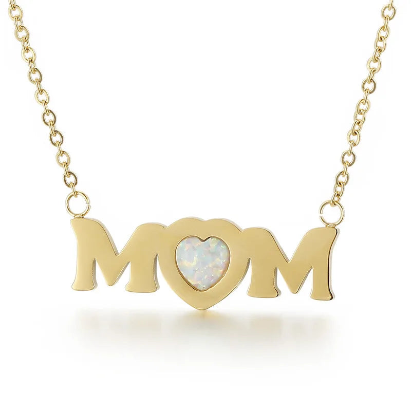 Personalized 316L Stainless Steel Mom Necklace Natural Stone Heart Gold Plated Letter Name Necklace Jewelry