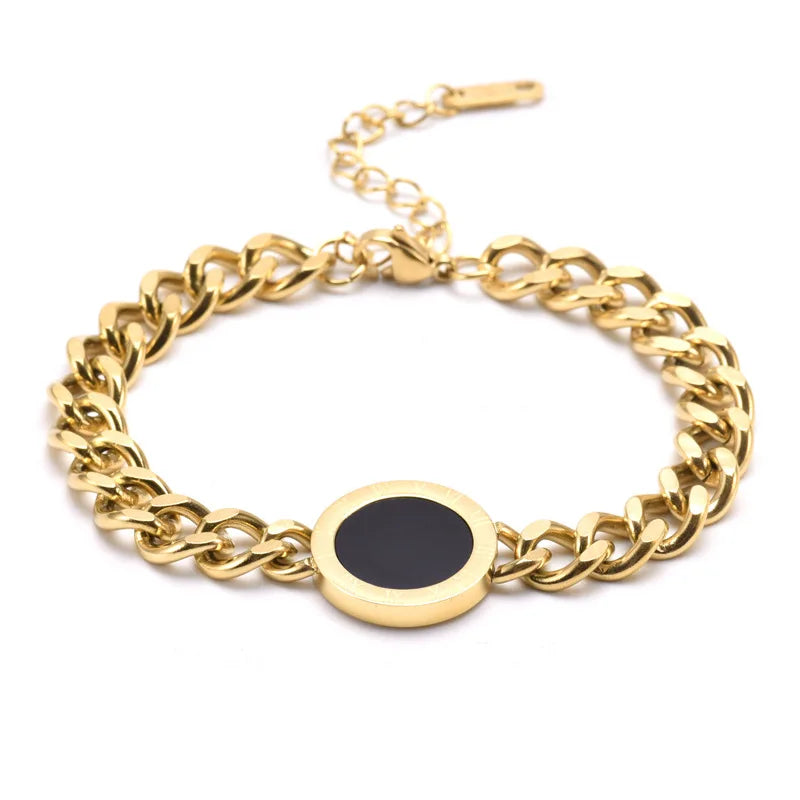 Nabest Gold Plated Roman Numerals Shell Charm Bracelet Stainless Steel Cuban Chain Punk Bracelets Jewelry Women