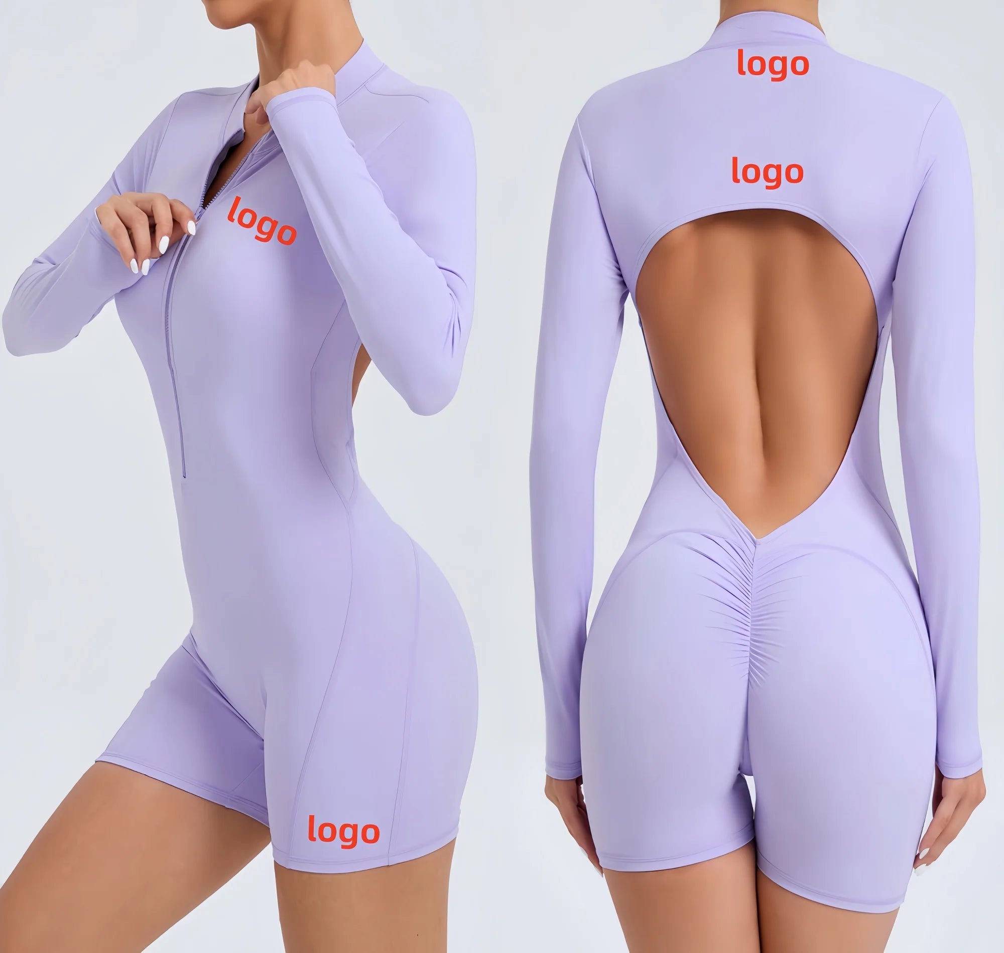 Hollow Back Long Sleeves Scrunch Butt Fitness Yoga Bodysuit with Zipper Women Workout Yoga Jumpsuit Shorts