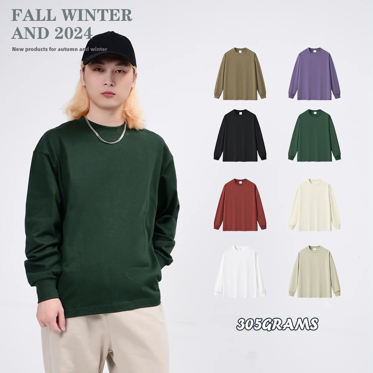 Heavyweight 305GSM Custom High Quality 100% Cotton Long Sleeve Solid Unisex Loose T-shirt Custom Logo Eco-Friendly Breathable