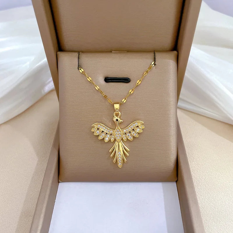 Titanium Steel Full Diamond Phoenix Bird Pendant Necklace Charm Choker for Women Wedding Engagement Stainless Steel Jewelry
