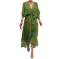RNSHANGER Women's Beach Solid Color Lace-up Long Dress Spring Summer Fashion Casual Bat Sleeve Irregular Elegant Female Dress