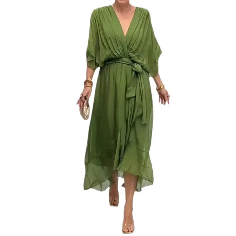 RNSHANGER Women's Beach Solid Color Lace-up Long Dress Spring Summer Fashion Casual Bat Sleeve Irregular Elegant Female Dress