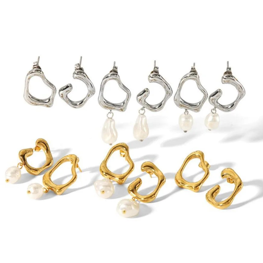 Stainless Steel Geometric IrregularJewelry 18k Gold Plated Pearl Pendant Non Tarnish Waterproof Earrings YF3896