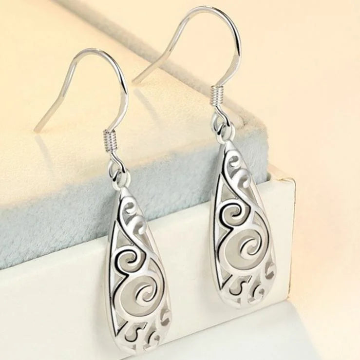 CAOSHI Vintage Carving Jewelry Water Drop Dangle Earrings Alloy Jewelry Women Ethnic Pear Hollow Carved Flower Silver Earring