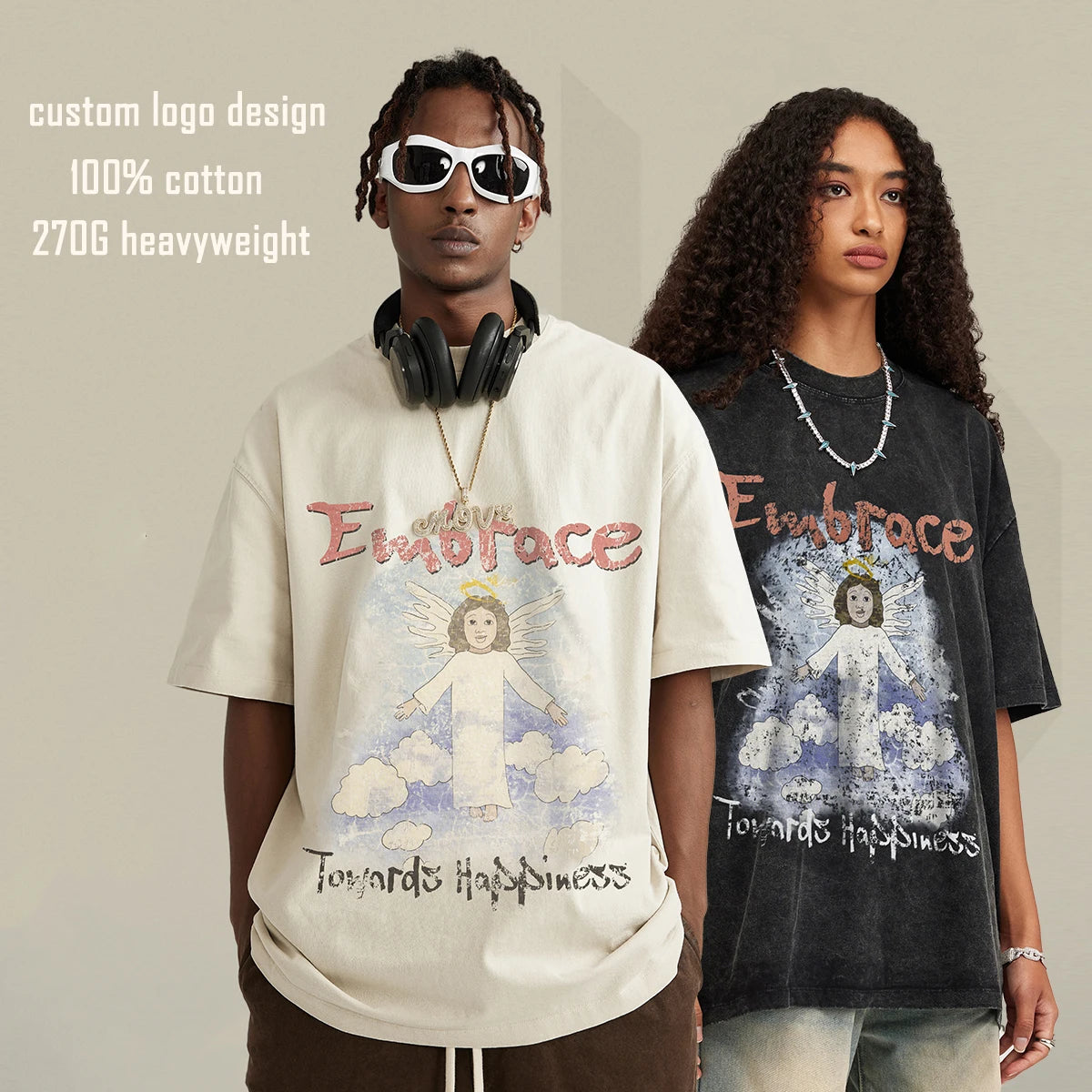 Custom Heavyweight 100% Cotton Drop Shoulder DTG Printing Raw Hem Oversized Boxy Fit Acid Wash Distressed Graphic T Shirt Men
