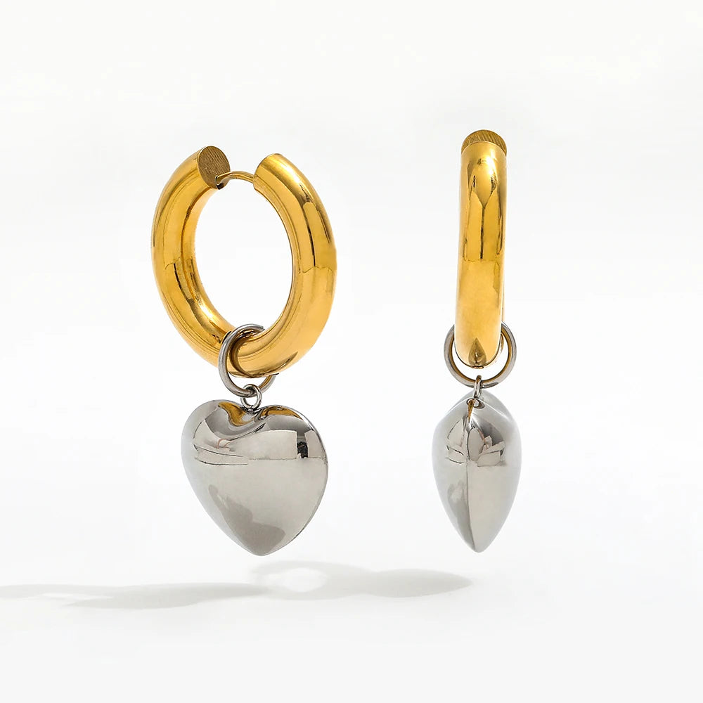 18K Gold Plated PVD Chunky Gold & Silver Heart Stainless Steel  Earrings Trendy Gold Waterproof Jewelry