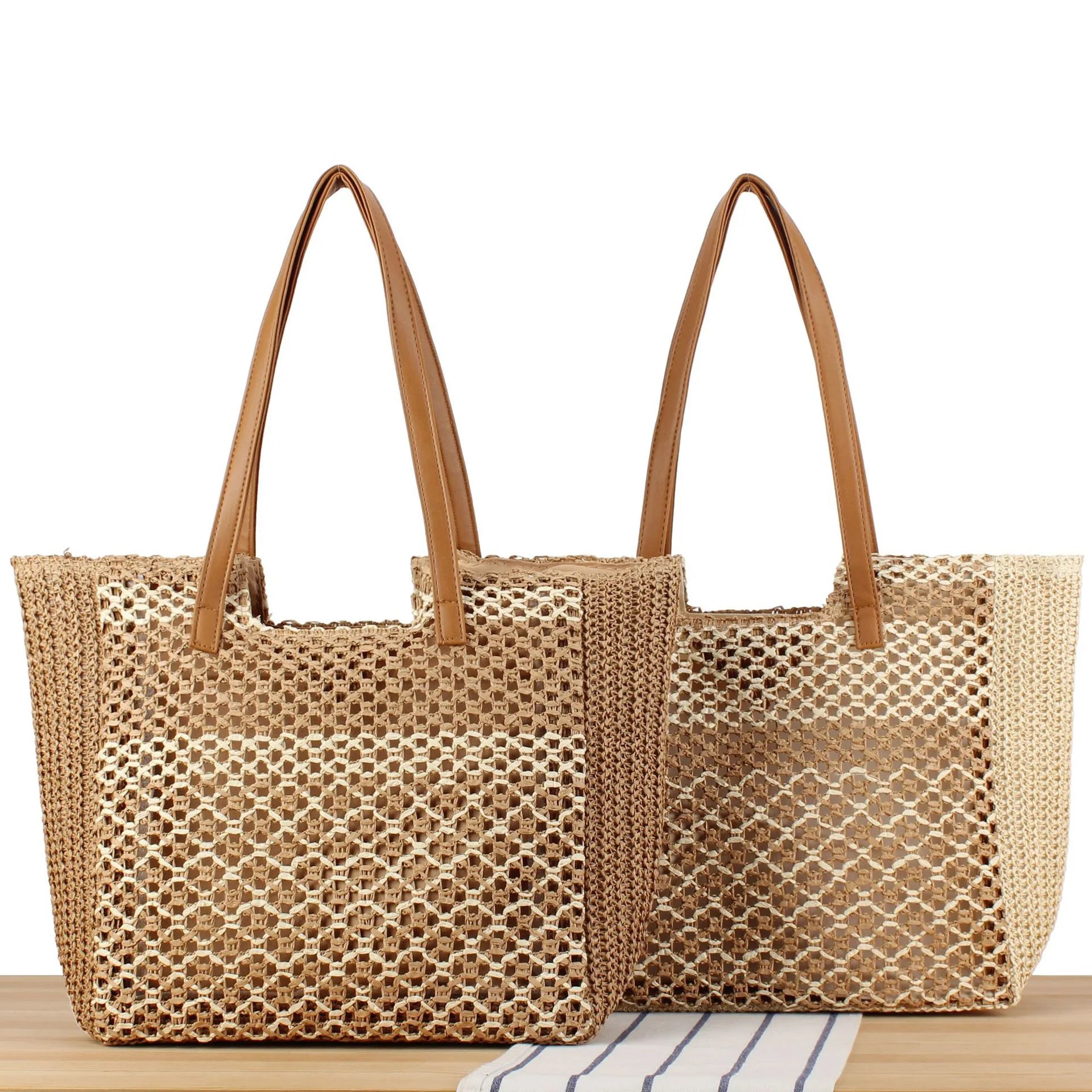 Wholesale OEM Factory Large Capacity Hollow Out Straw Woven Summer Beach Tote Hand Bag