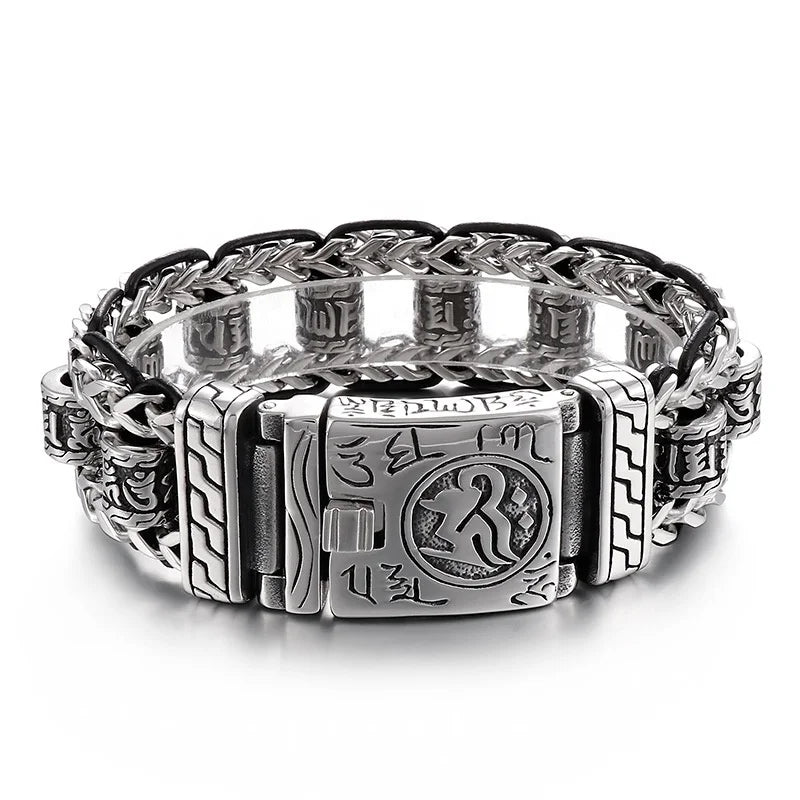 Stainless Steel Six-Character Mantra Beads Simple Leather Rope Bracelet New Fashion Charm Bracelets