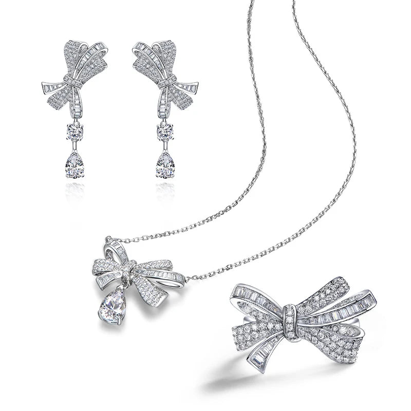 Hailer Jewelry Cute Zirconia of Bridal Wedding Bow Knot Design 925 Sterling Silver Earring/rings/necklace Jewelry Sets for Women