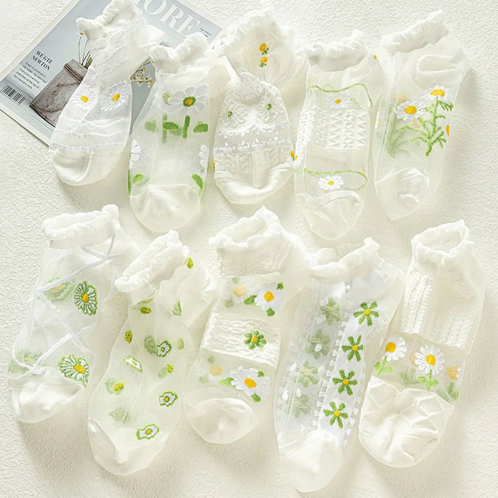 Hot Sale Cute Floral Mesh Ankle Socks for Women Size One Size for Summer & Spring Daily Use Young Girls No Show Socks