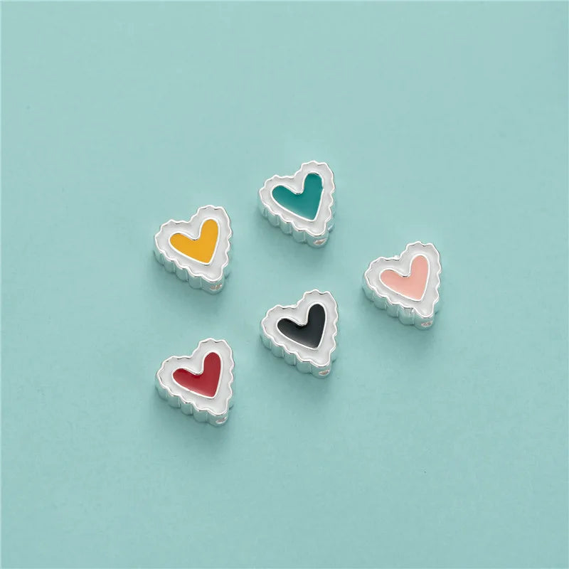 Cute 925 Sterling Silver Small Colourful Enamel Heart Charm Beads for Jewelry Making Accessories Wholesale