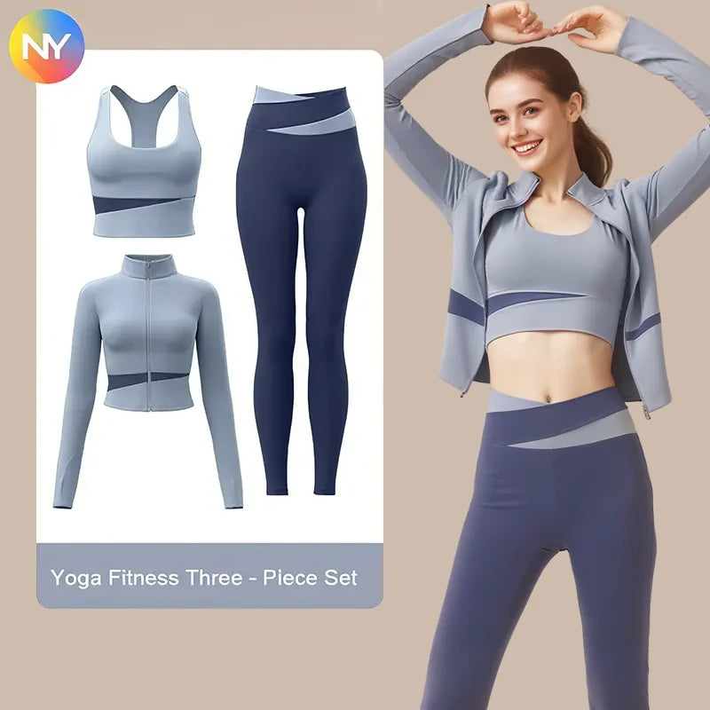 Women's 3 Piece Activewear Set Cropped Zip up Jacket Sports Color Block Yoga and High Waist Leggings Workout Outfit
