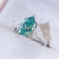 10K White Gold Pear Cut Three Stone Green Blue Moissanite Diamond Engagement Ring