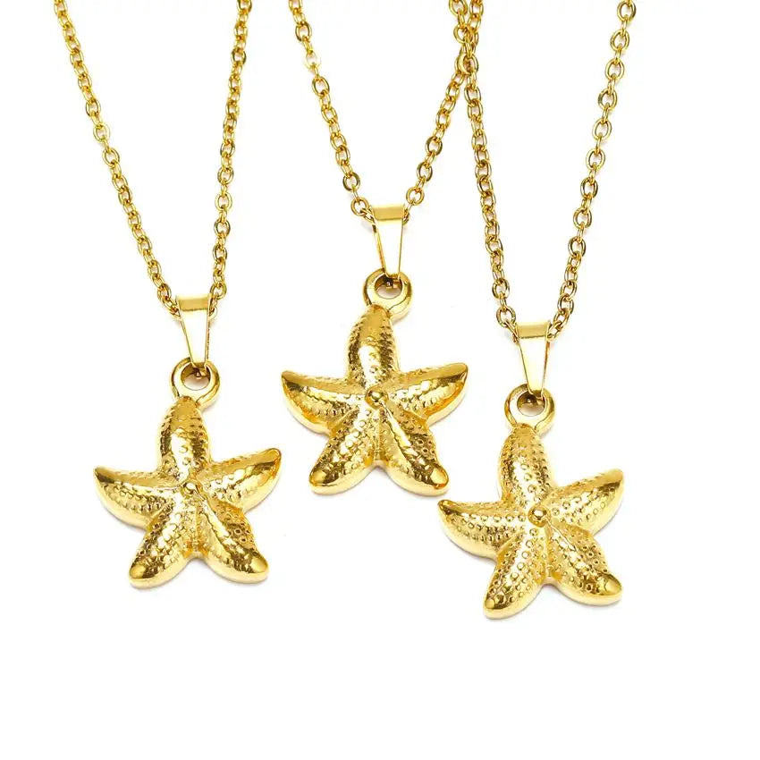 18K Gold Plated Summer Jewelry Tarnish-Free Waterproof Stainless Steel Starfish Pendant with Link Chain Popular Necklace