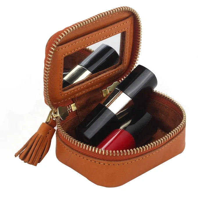 Bridesmaid Gift Mini Lipstick Case Bag Women Luxury Genuine Leather Cosmetic Bag With Mirror