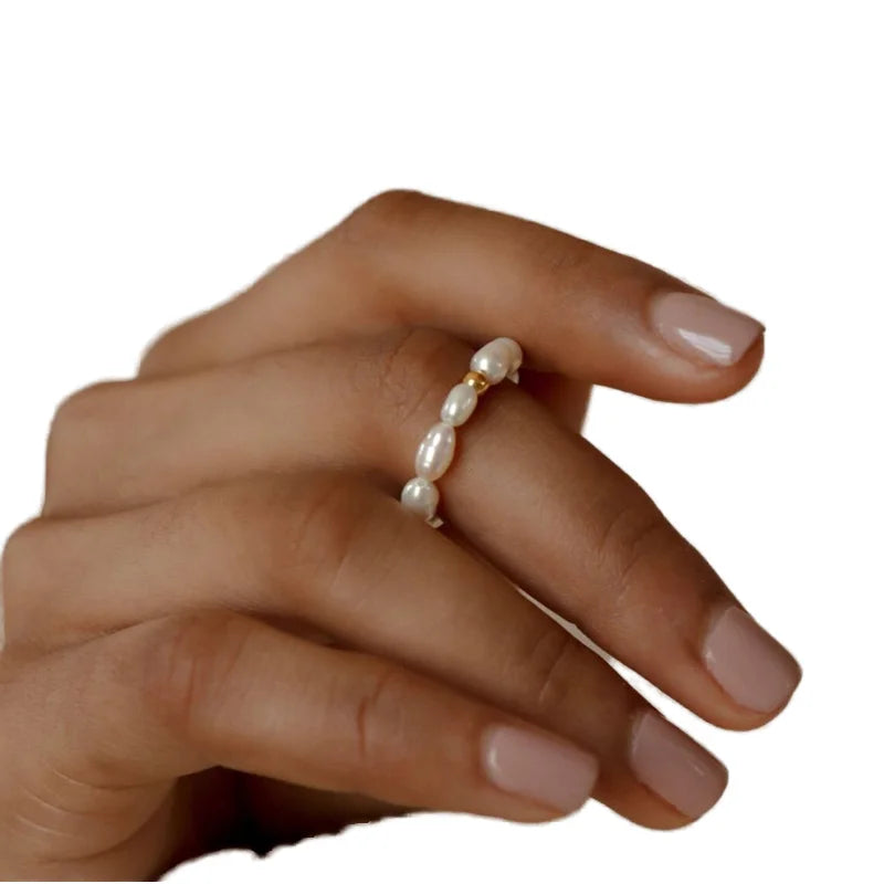 Qiuhan Mini Freshwater Pearl Ring Minimalist Pearl Beaded Ring Bridesmaid Jewelry Gift