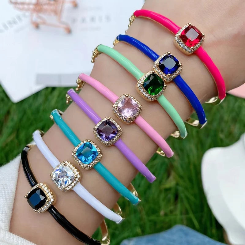 Minimalist Candy Multicolor Crystal Diamond Charm BraceletExquisite Luxury Bohemia Style Colorful Enamel Square Zircon Bangle