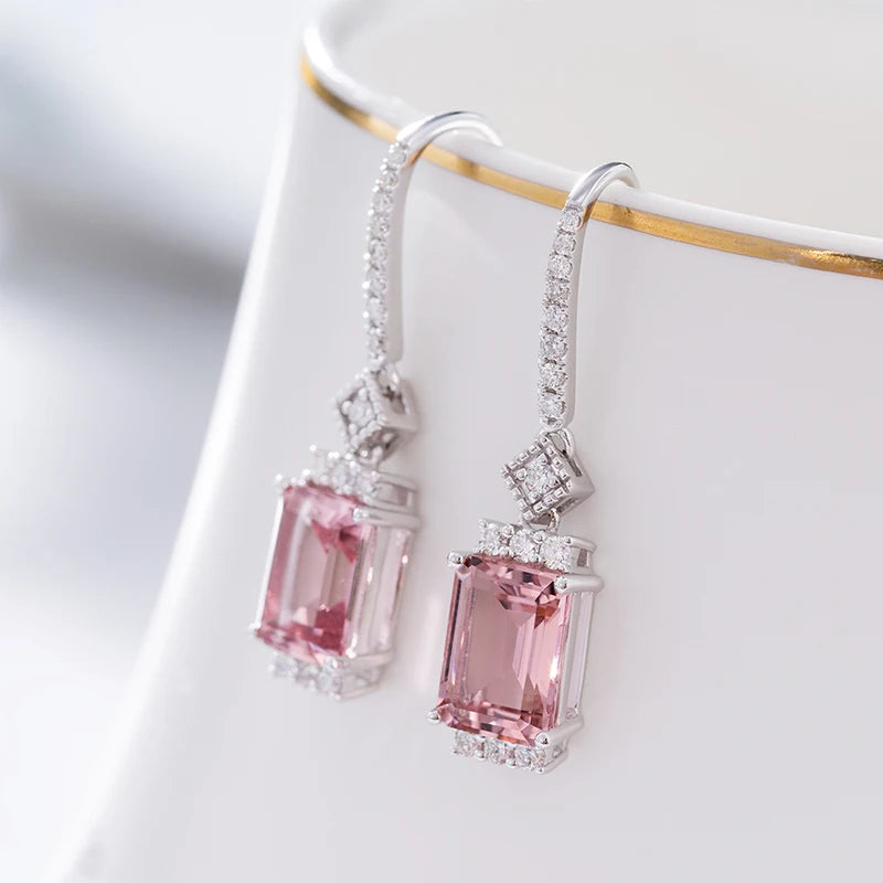 Fashion Natural Pink Morganite Drop Solid 18k Gold Diamond Jewelry Earring for Women Wedding